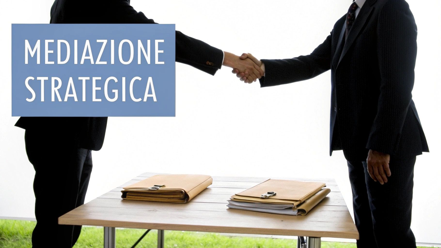 Due uomini d'affari in abito scuro si stringono la mano sopra un tavolo, con cartellette e la scritta 'MEDIAZIONE STRATEGICA' in primo piano.