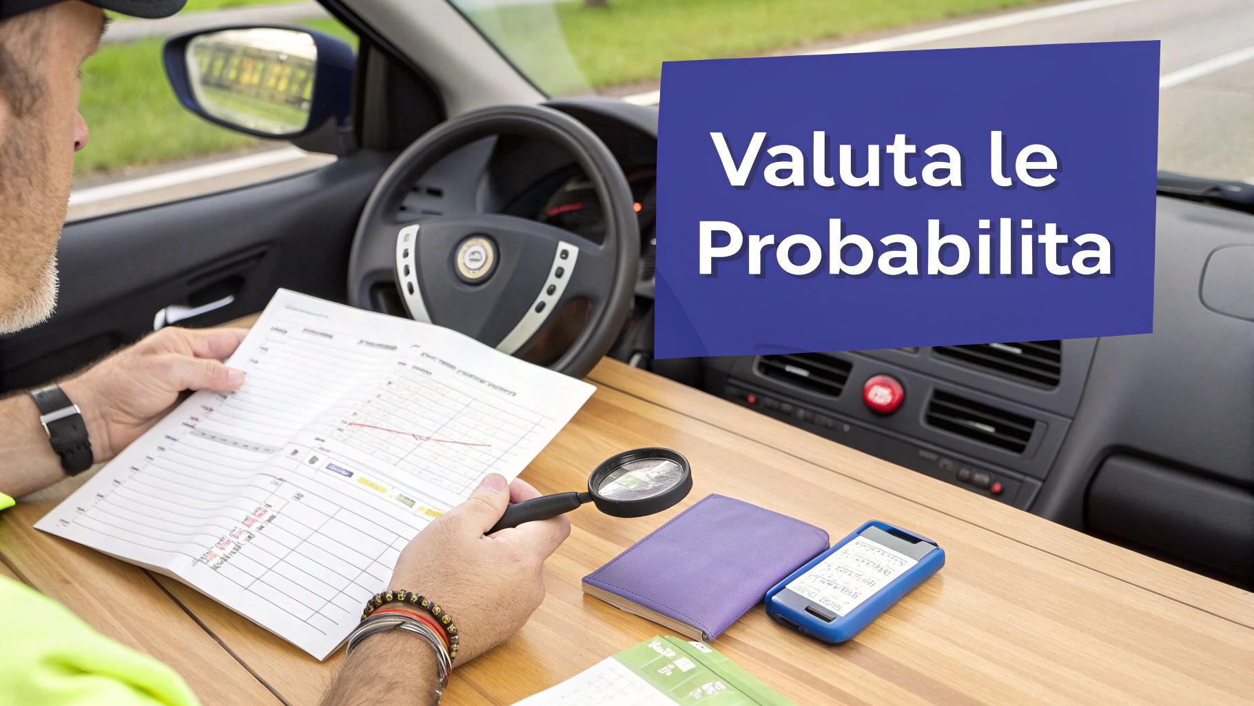 Automobilista preoccupato che controlla una multa autovelox