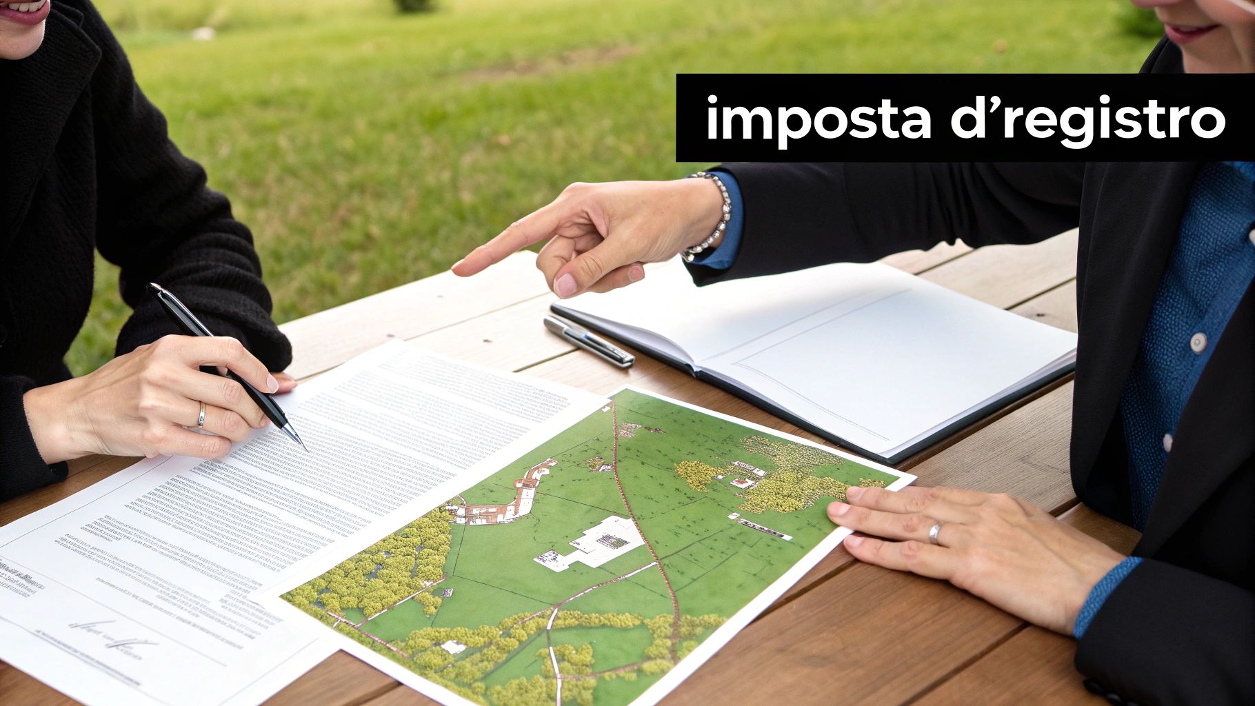 Due persone discutono documenti e una mappa catastale su un tavolo di legno, focalizzandosi su terreni agricoli.