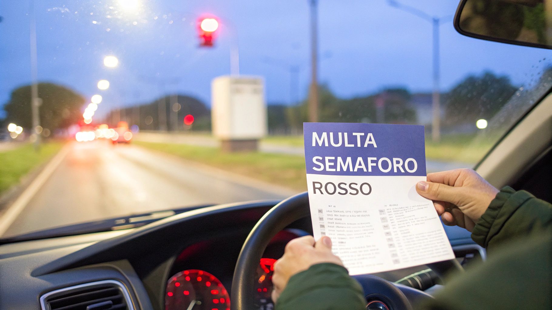 Una persona in auto tiene in mano una multa per semaforo rosso, con un semaforo rosso visibile all'esterno.