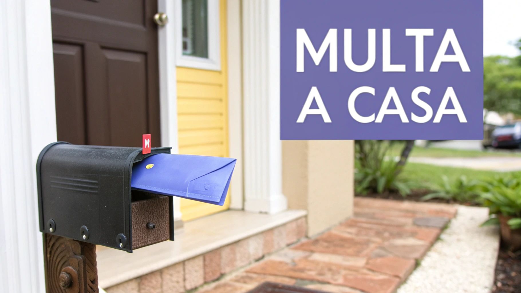 Una cassetta della posta nera con una busta blu che sporge e una bandiera rossa. Sullo sfondo, un cartello viola con scritto 'MULTA A CASA'.
