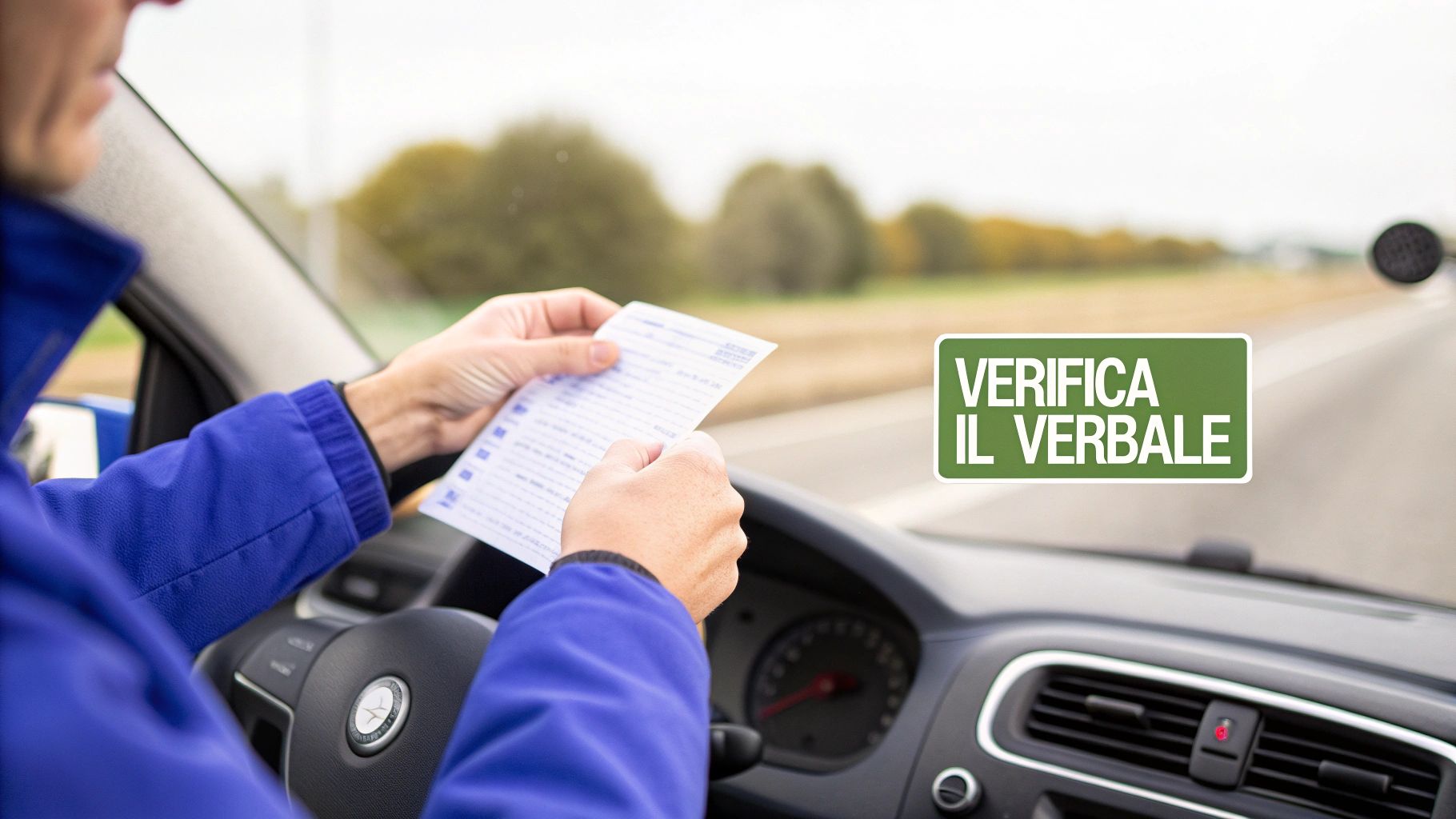 Conducente in auto controlla verbale multa stradale con scritta verifica il verbale