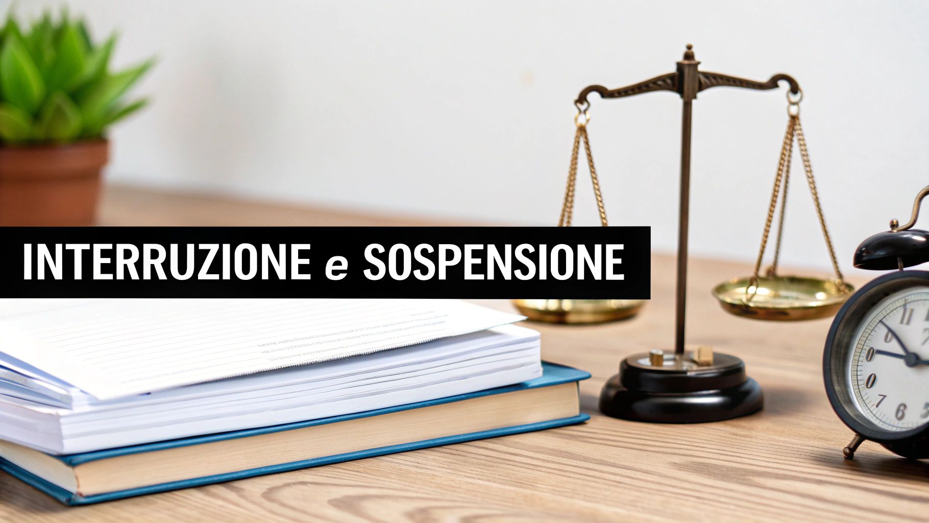 Scrivania con pile di libri, bilancia della giustizia e orologio, evidenziando il testo 'INTERRUZIONE e SOSPENSIONE', simbolo di tempo e diritto.