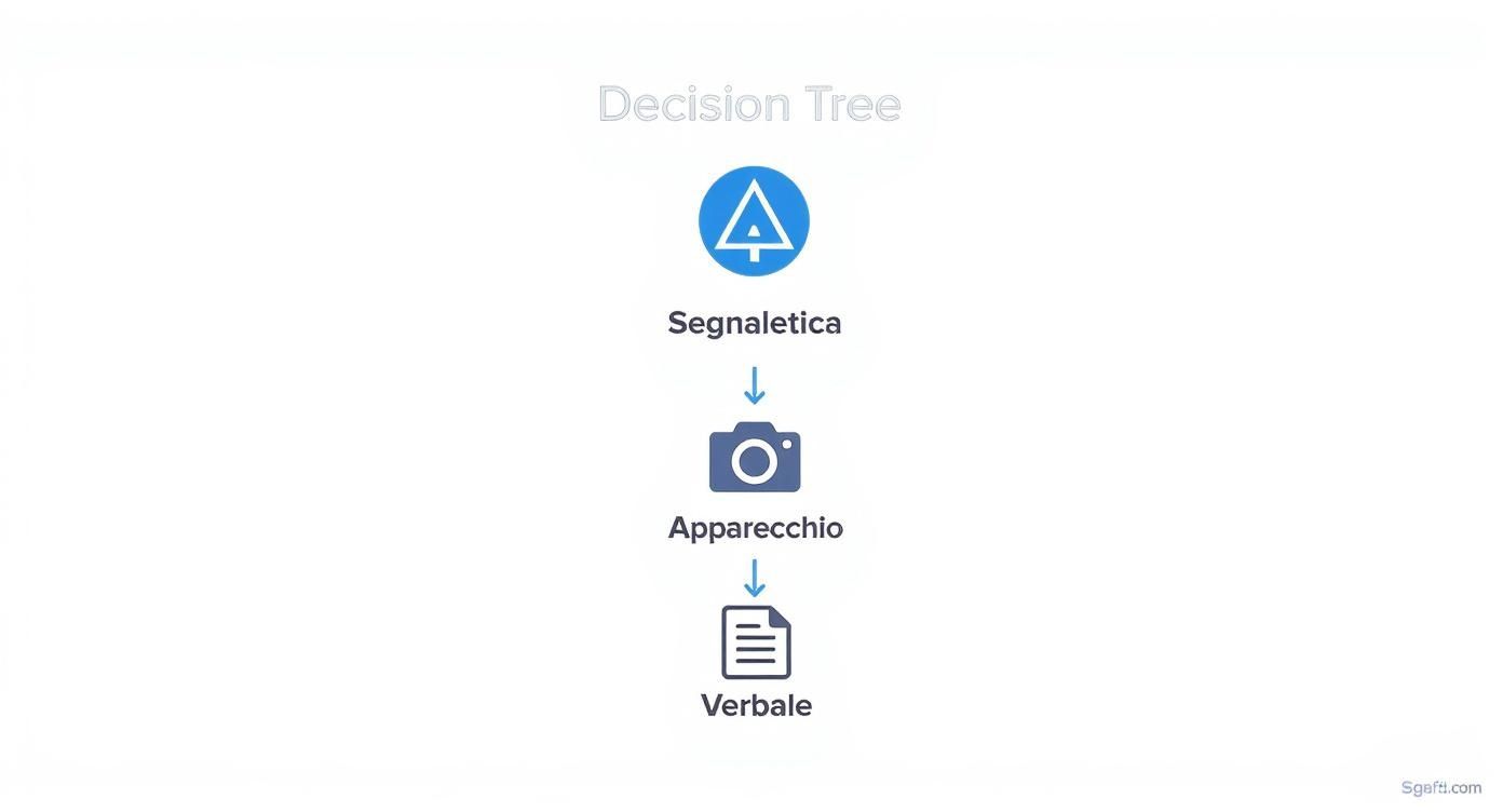 Diagramma ad albero decisionale che mostra la sequenza di segnaletica, apparecchio fotografico e verbale.