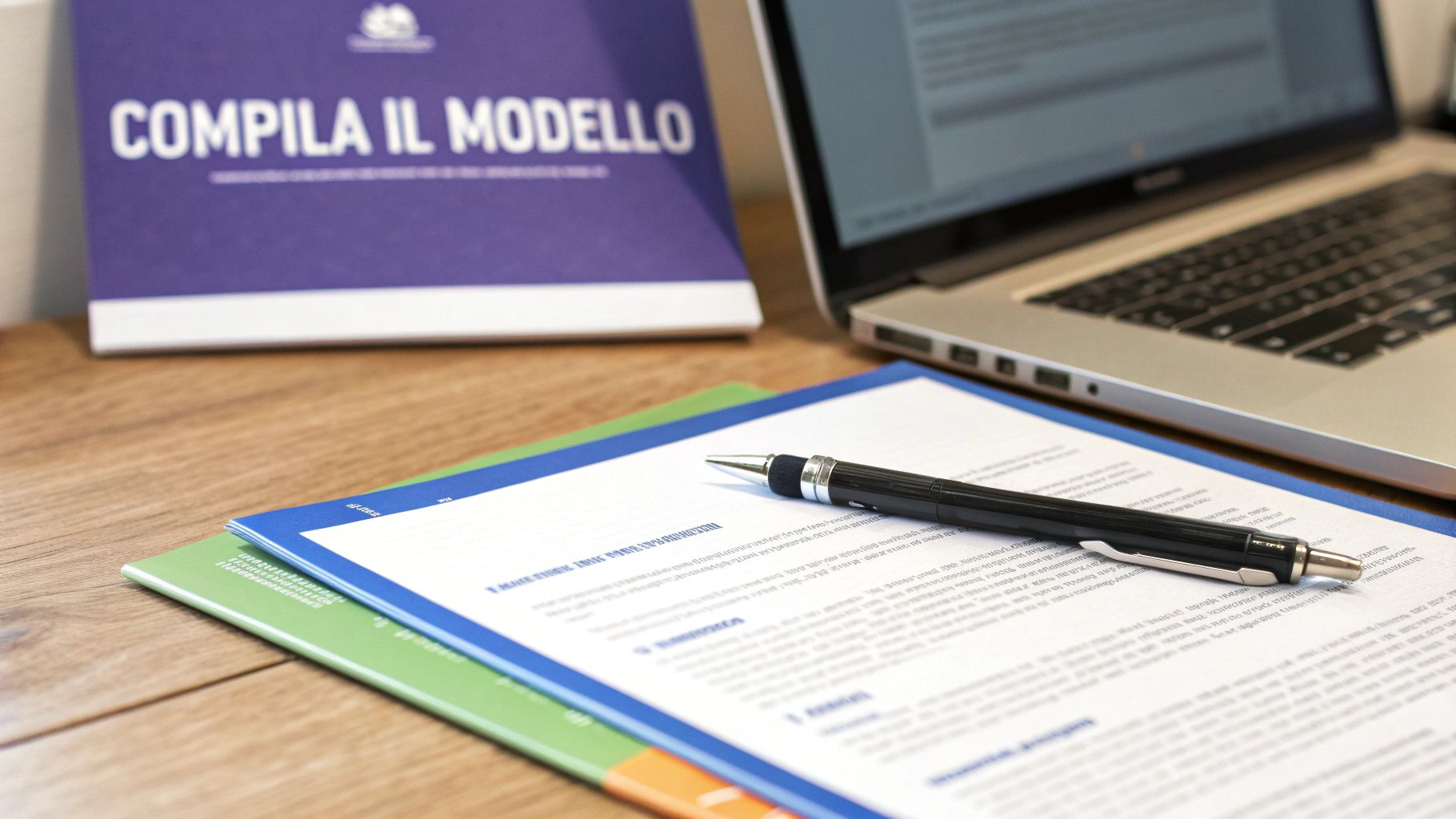 Documenti per compilare modello di ricorso al prefetto con penna e computer portatile