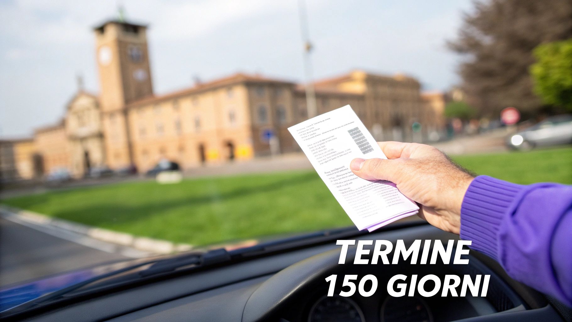 Mano che tiene una notifica o multa in auto, con testo "TERMINE 150 GIORNI" e sfondo urbano sfocato.