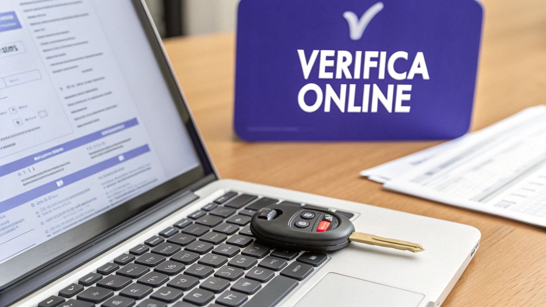 Una persona che utilizza un computer portatile per controllare online lo stato del bollo auto, con un'interfaccia web visibile sullo schermo.