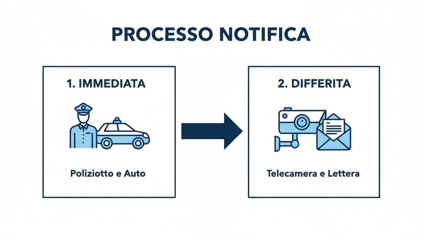 Diagramma che illustra il processo di notifica: immediato con poliziotto e auto, differito con telecamera e lettera.