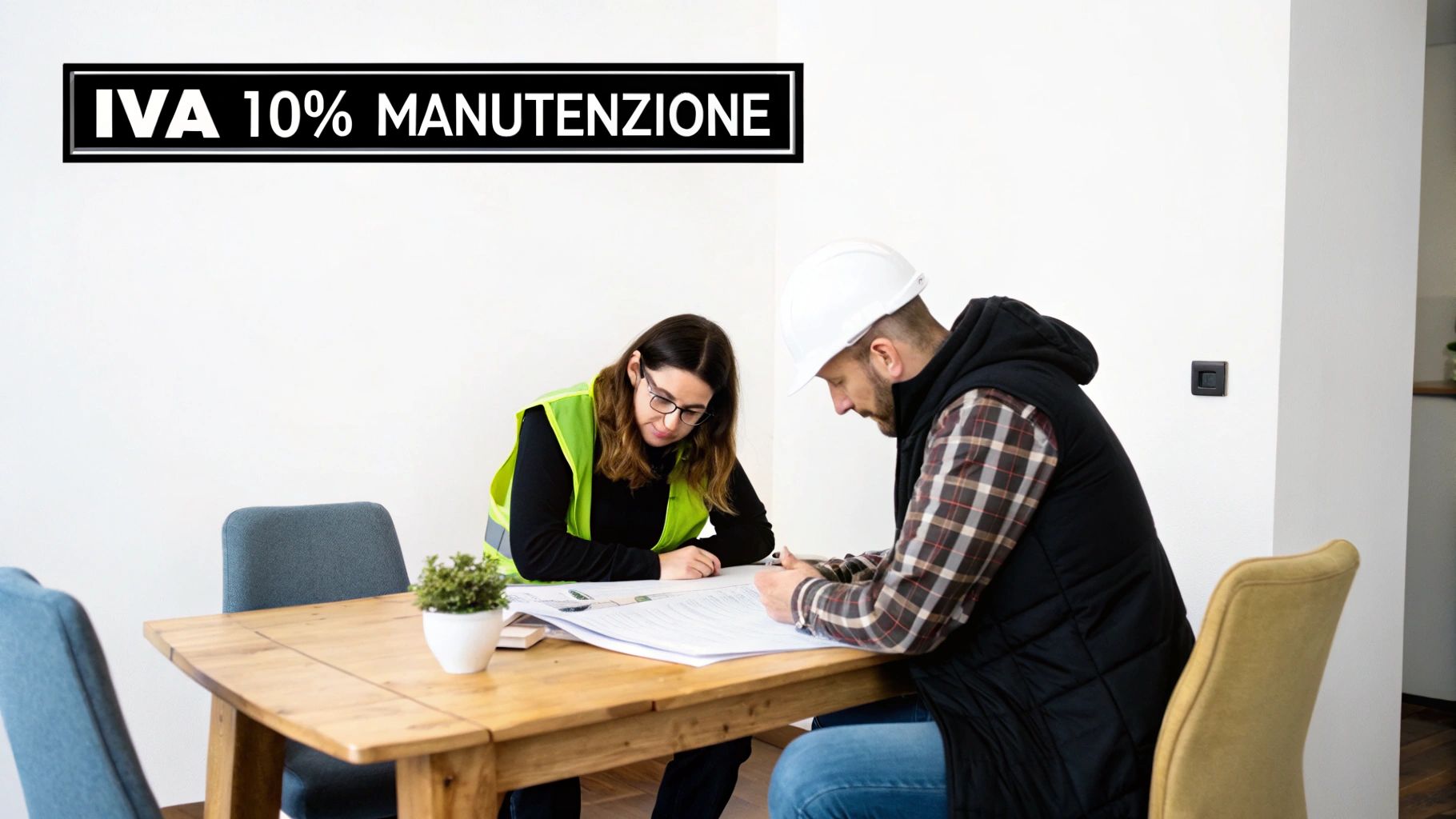 Due professionisti dell'edilizia, con caschetto e giubbotto alta visibilità, esaminano progetti su un tavolo. Testo: IVA 10% MANUTENZIONE.
