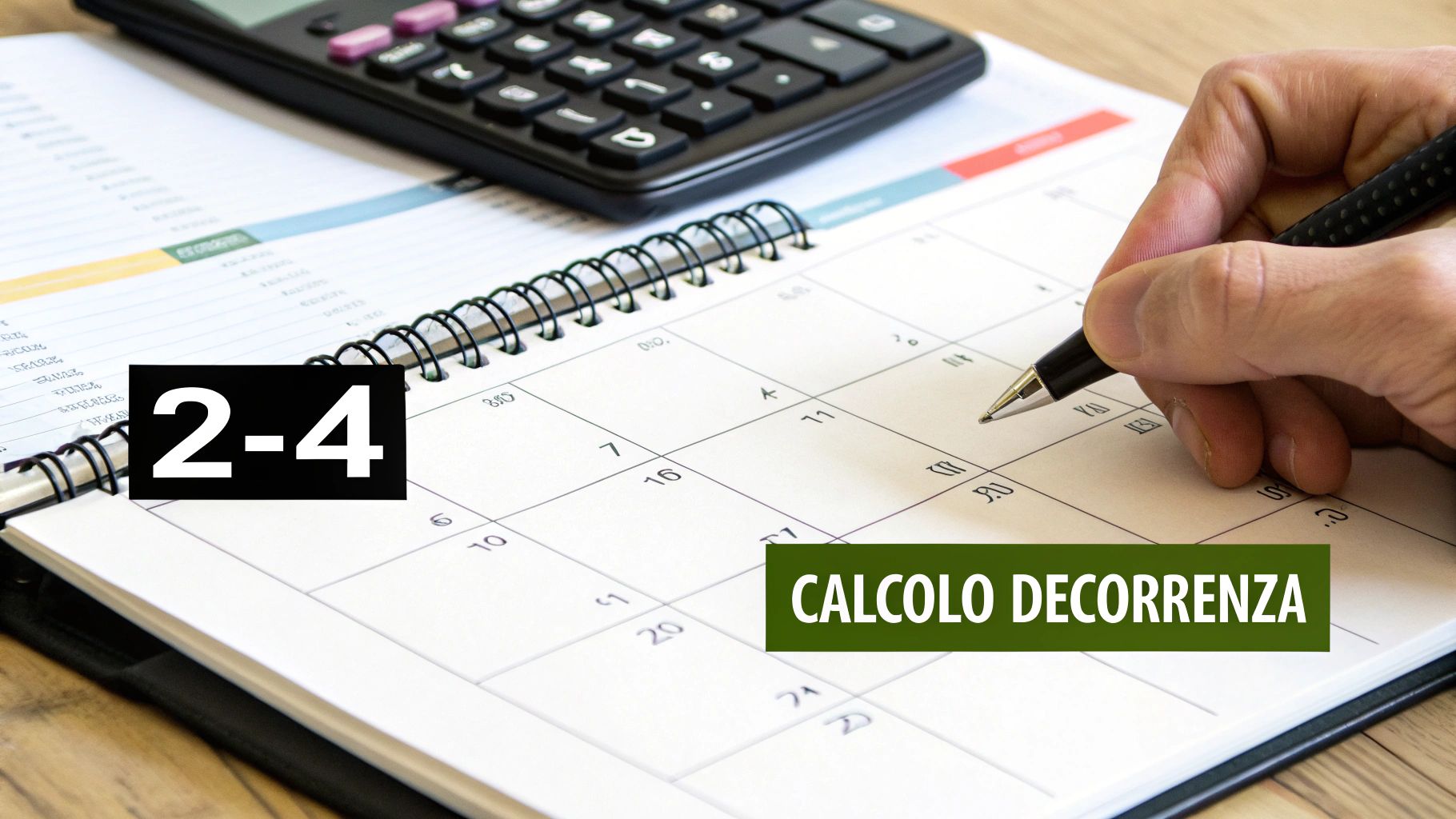 Persona che scrive su un calendario con una penna, una calcolatrice e documenti sullo sfondo, con testi "2-4" e "CALCOLO DECORRENZA".