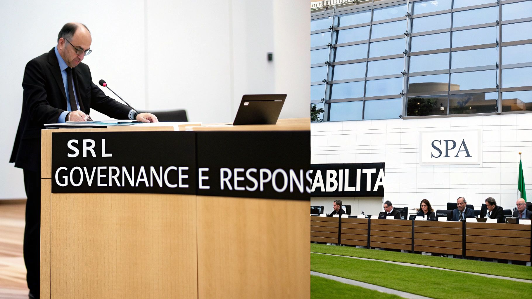 Uomo che presenta a un podio con le parole SRL Governance, con un edificio SPA e partecipanti in sottofondo.