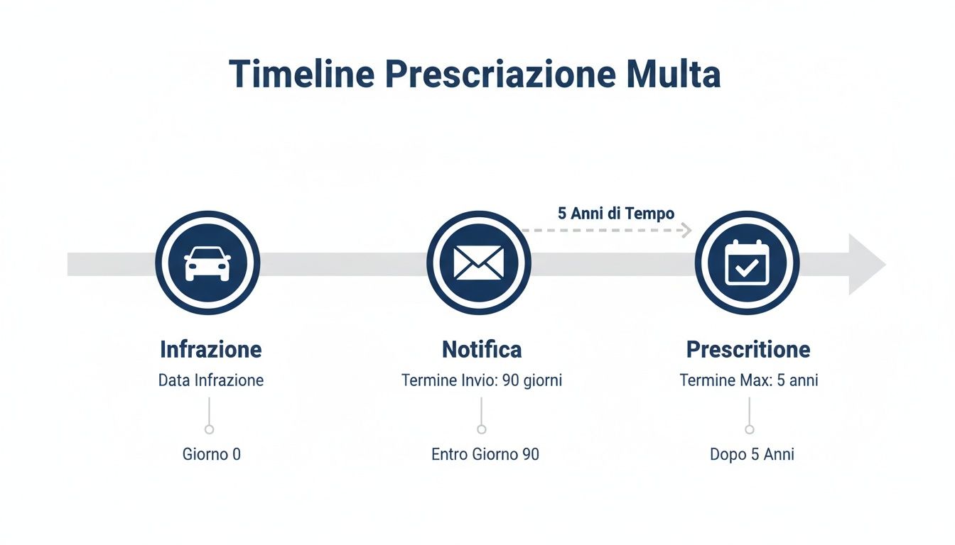Timeline infografica sulla prescrizione delle multe automobilistiche, illustrando le fasi da infrazione a notifica e termine.
