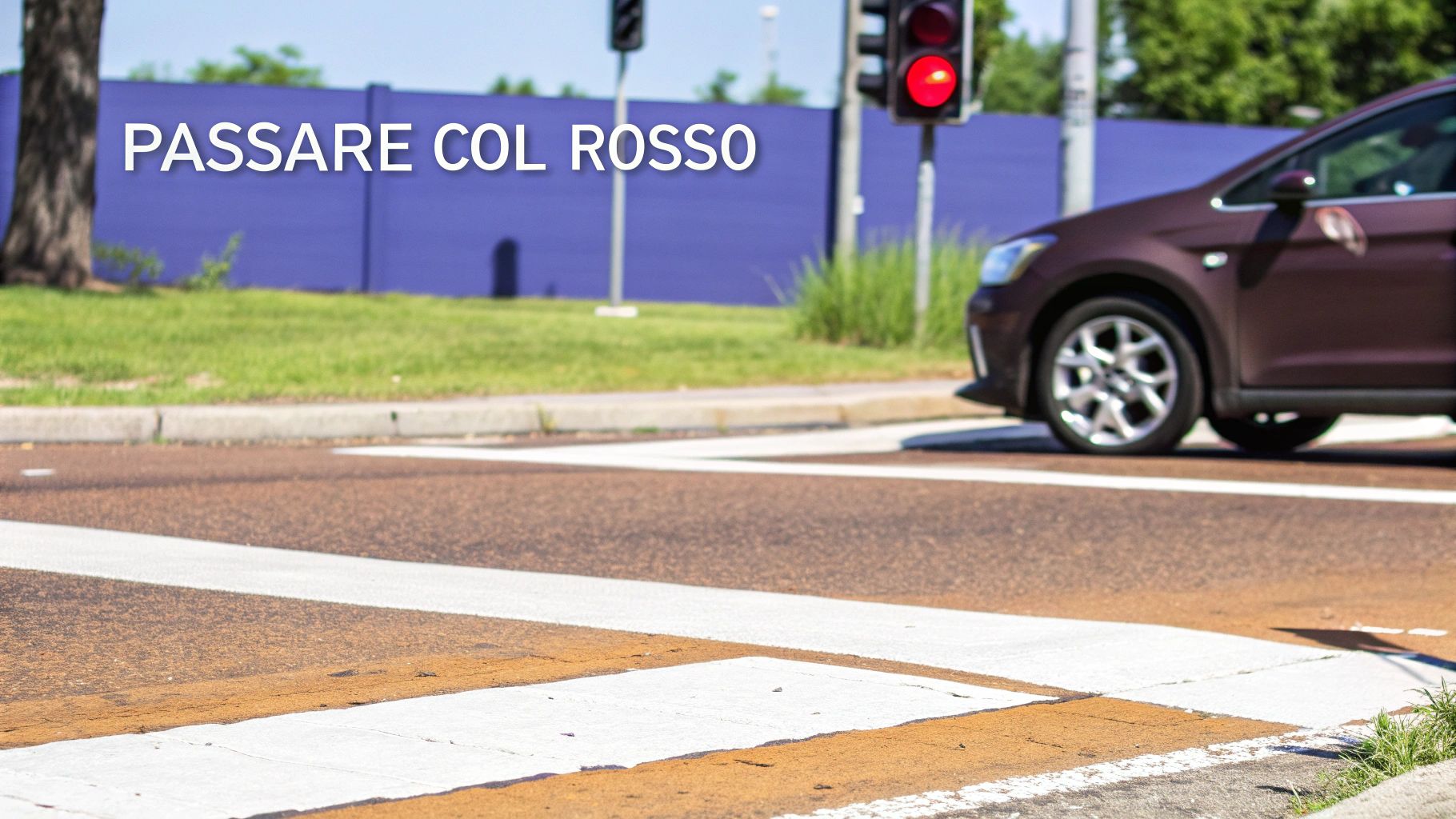 Un'auto ferma al semaforo rosso su un passaggio pedonale, con sfondo verde e blu. Il testo recita 'PASSARE COL ROSSO'.