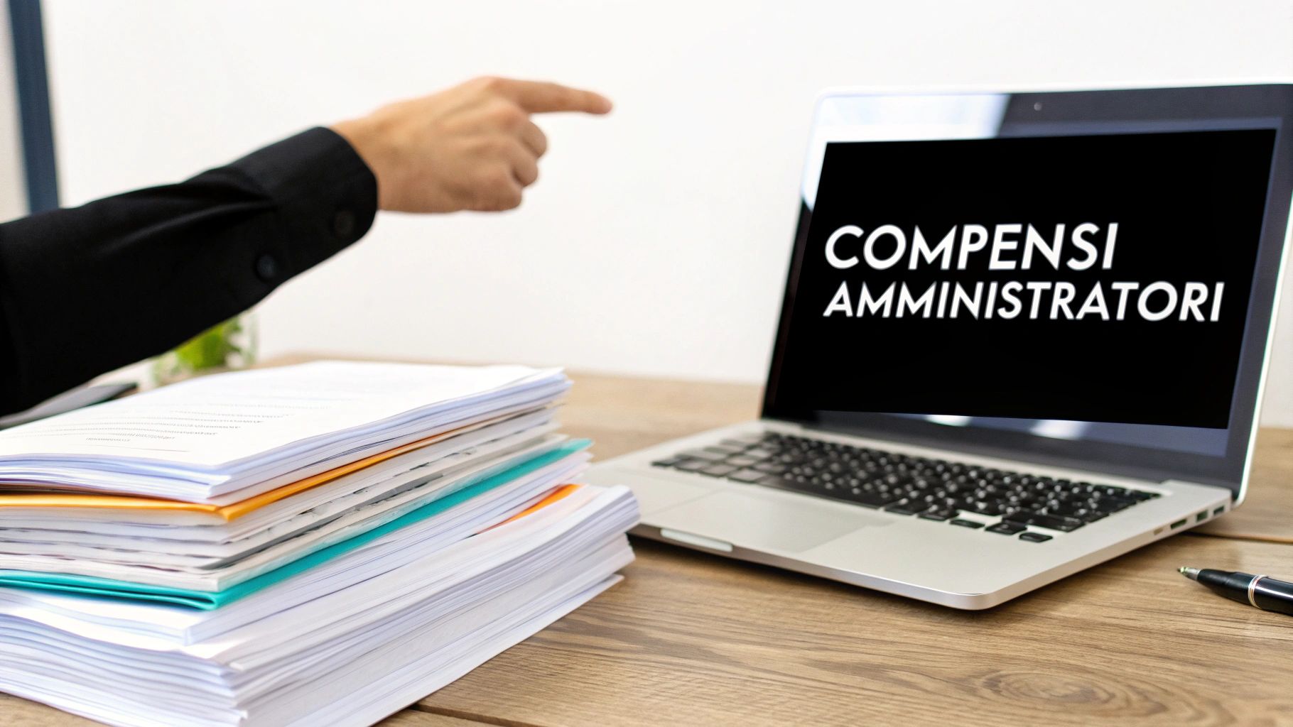 Mano di persona che indica uno schermo di laptop con la scritta 'COMPENSI AMMINISTRATORI', affiancato da una pila di documenti su un tavolo di legno.
