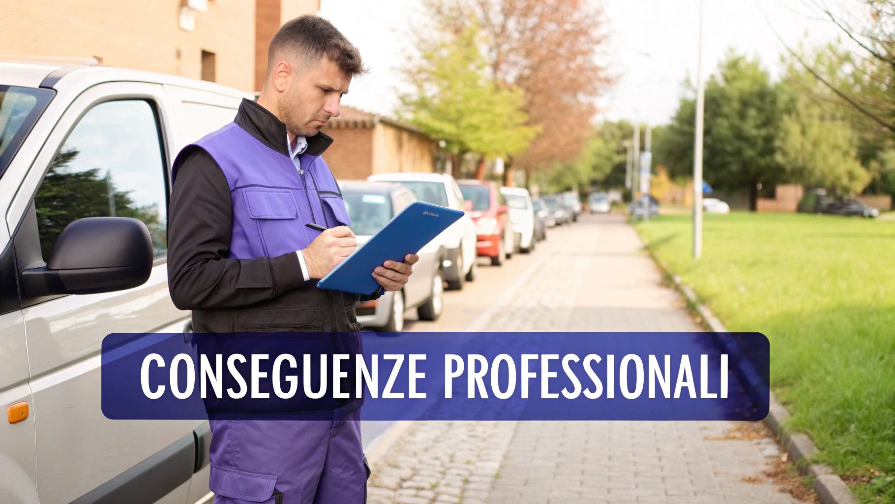 Un lavoratore in uniforme esamina una clipboard vicino a un furgone su una strada, con la scritta 'CONSEGUENZE PROFESSIONALI'.