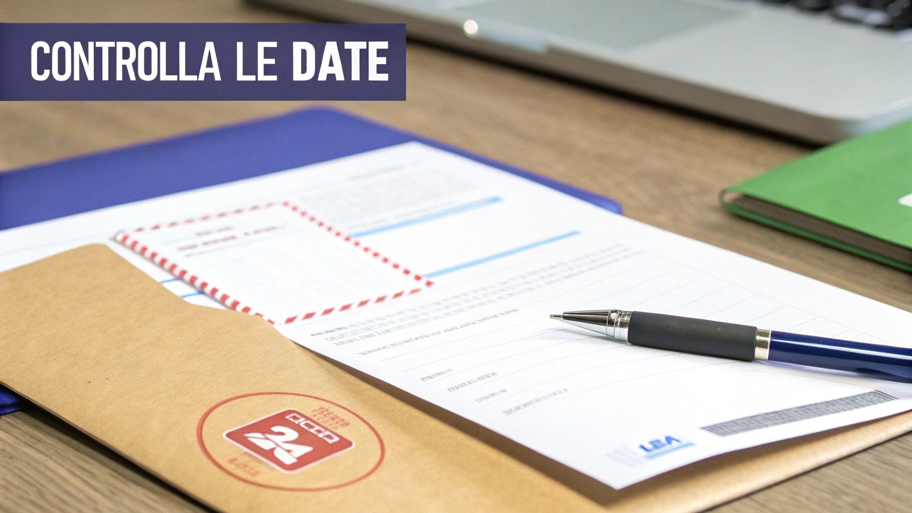 Documenti importanti su una scrivania con penna, busta e laptop. Testo in sovrimpressione: 'CONTROLLA LE DATE'.