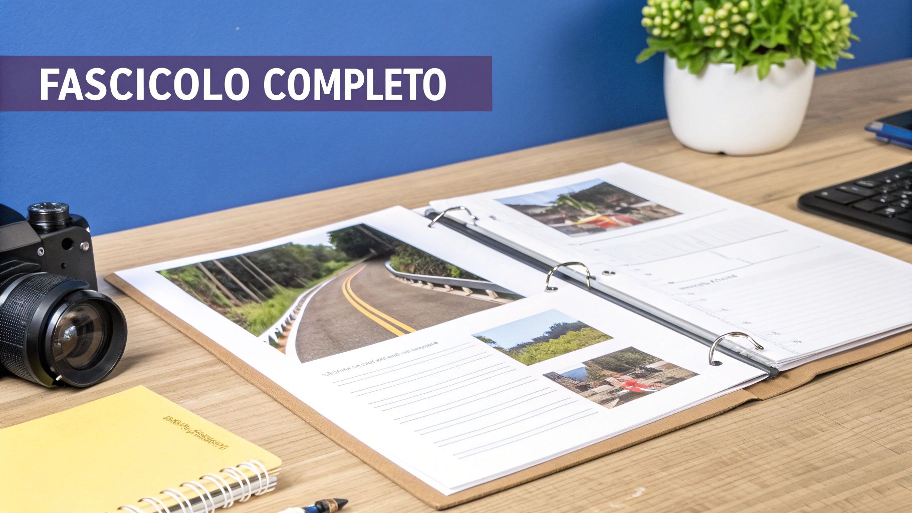 Cartella aperta su tavolo di legno con foto di paesaggi e appunti, affiancata da una macchina fotografica e un quaderno. Titolo: 'FASCICOLO COMPLETO'.