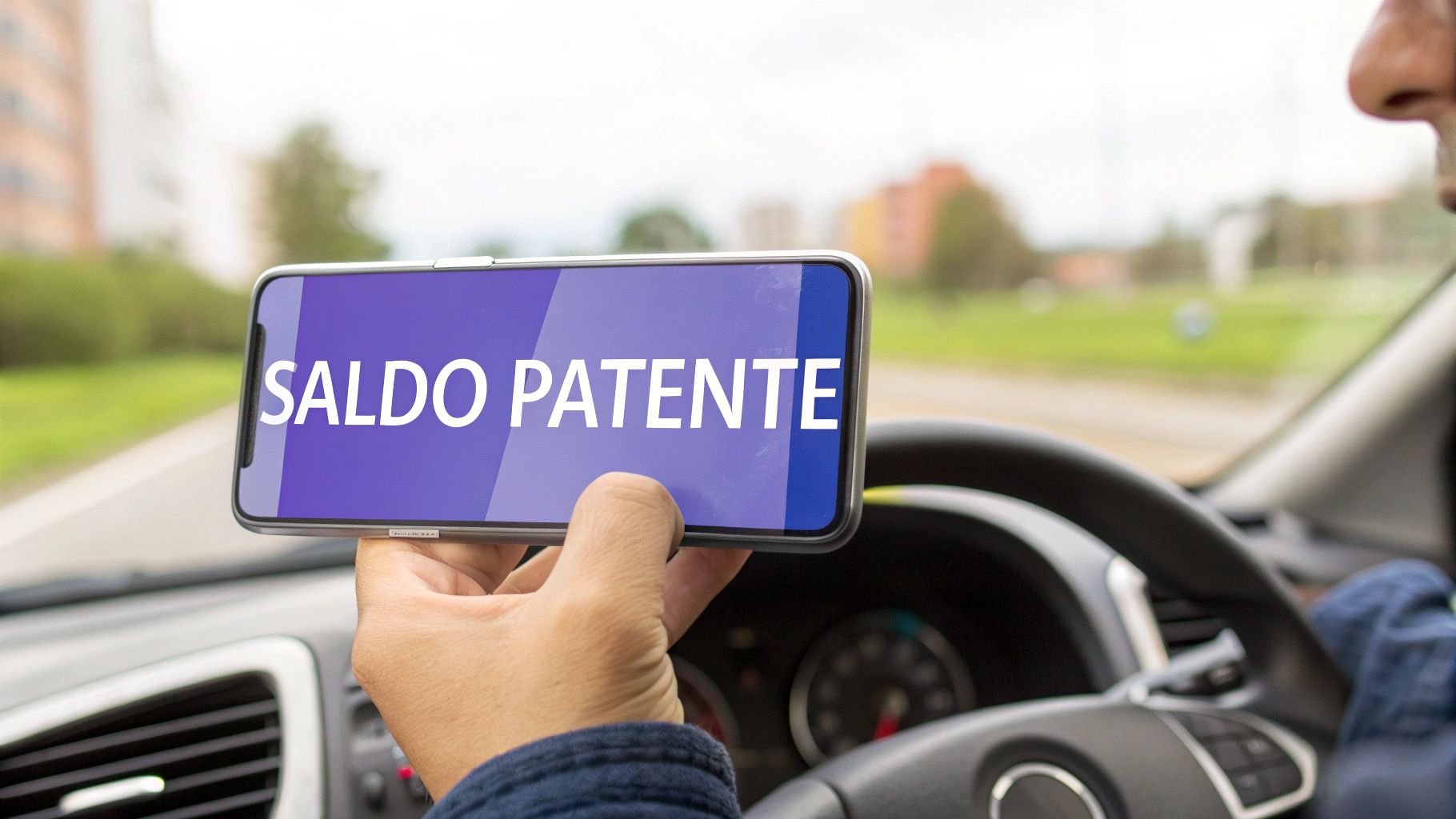 Una persona in auto controlla il saldo dei punti della patente di guida sullo smartphone. Mostra la scritta 'SALDO PATENTE'.
