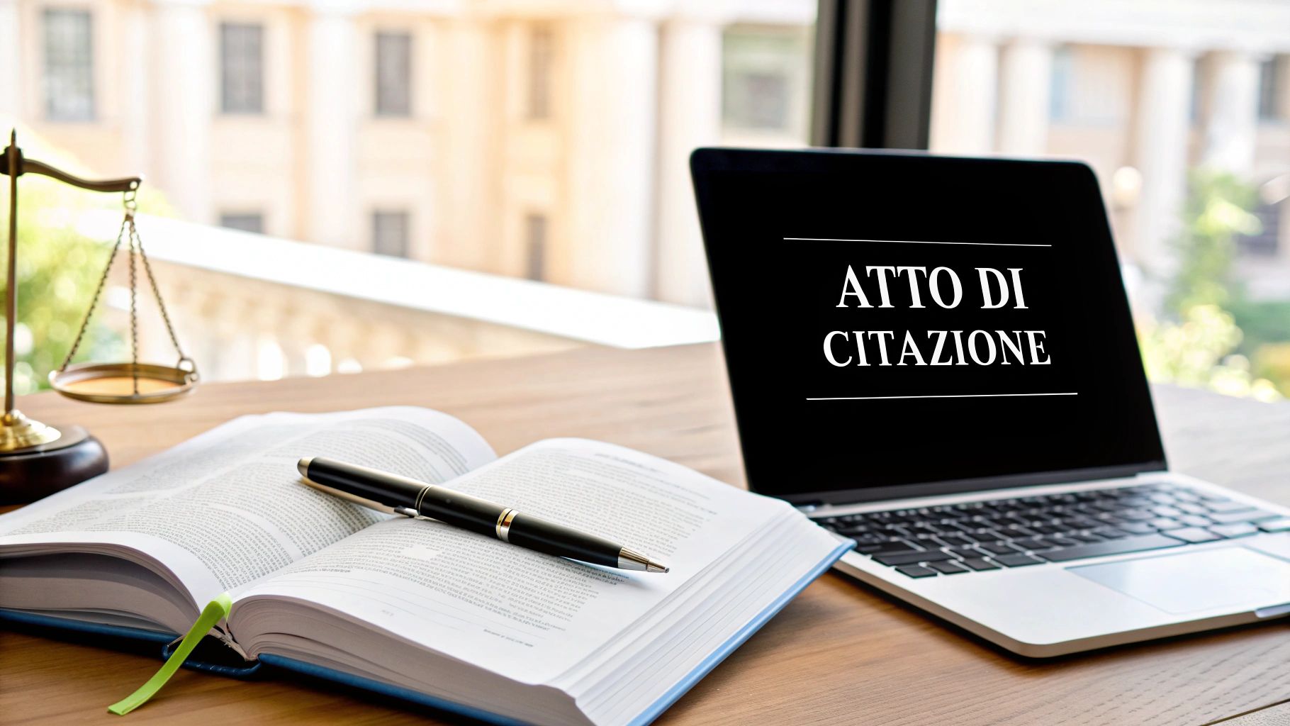 Scrivania da avvocato con bilancia della giustizia, libro aperto, penna e laptop che mostra 'ATTO DI CITAZIONE'.