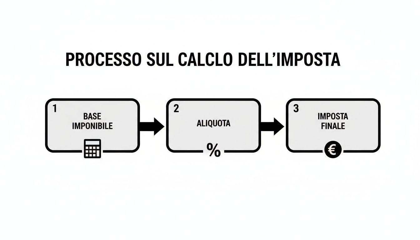 Diagramma che illustra il processo di calcolo dell'imposta: base imponibile, aliquota e imposta finale.