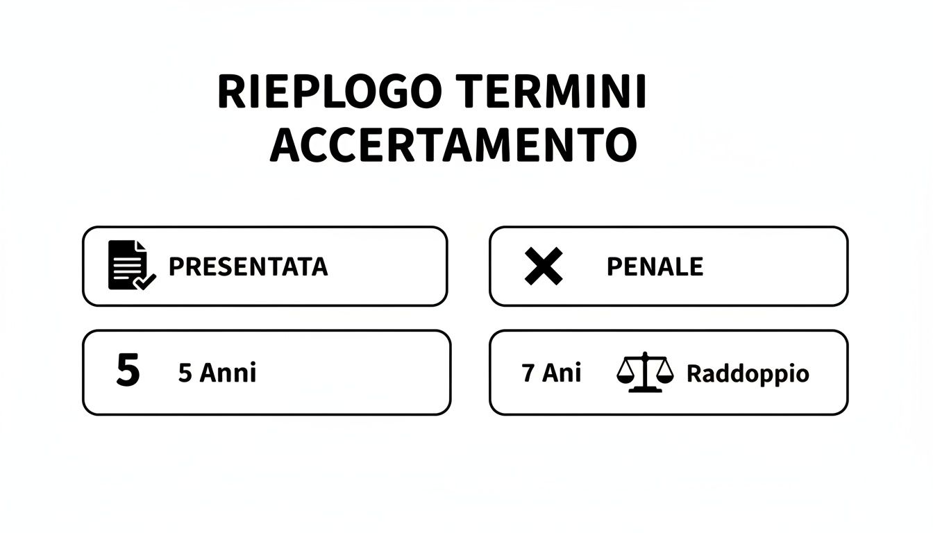 Riepilogo dei termini di accertamento fiscale: 5 anni per dichiarazione presentata, 7 anni con raddoppio per penale.