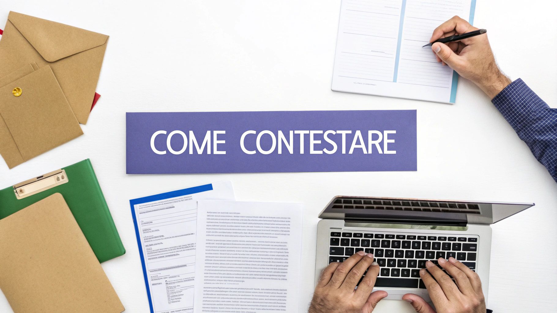 Scrivania con documenti, laptop e mani che lavorano, evidenziando il banner 'COME CONTESTARE' per assistenza legale.