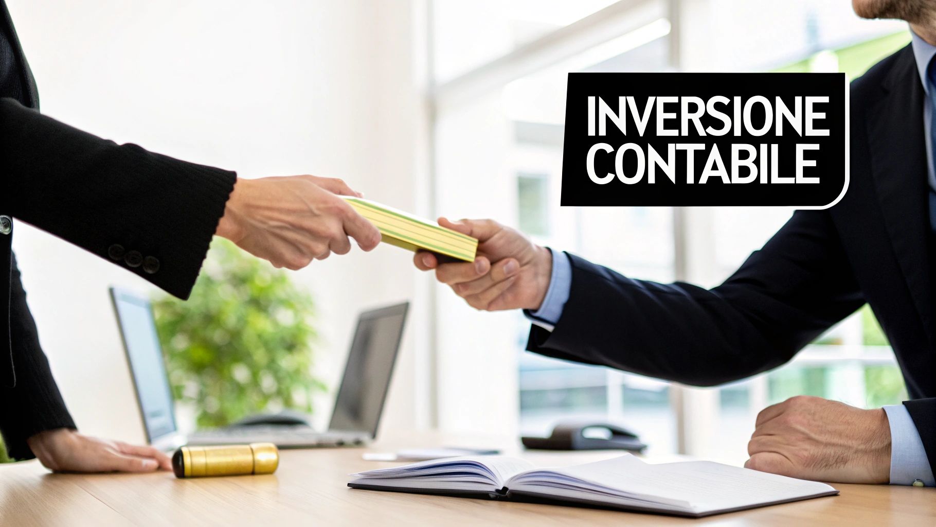 Due professionisti si scambiano documenti in un ambiente d'ufficio, con la scritta "INVERSIONE CONTABILE" in primo piano.