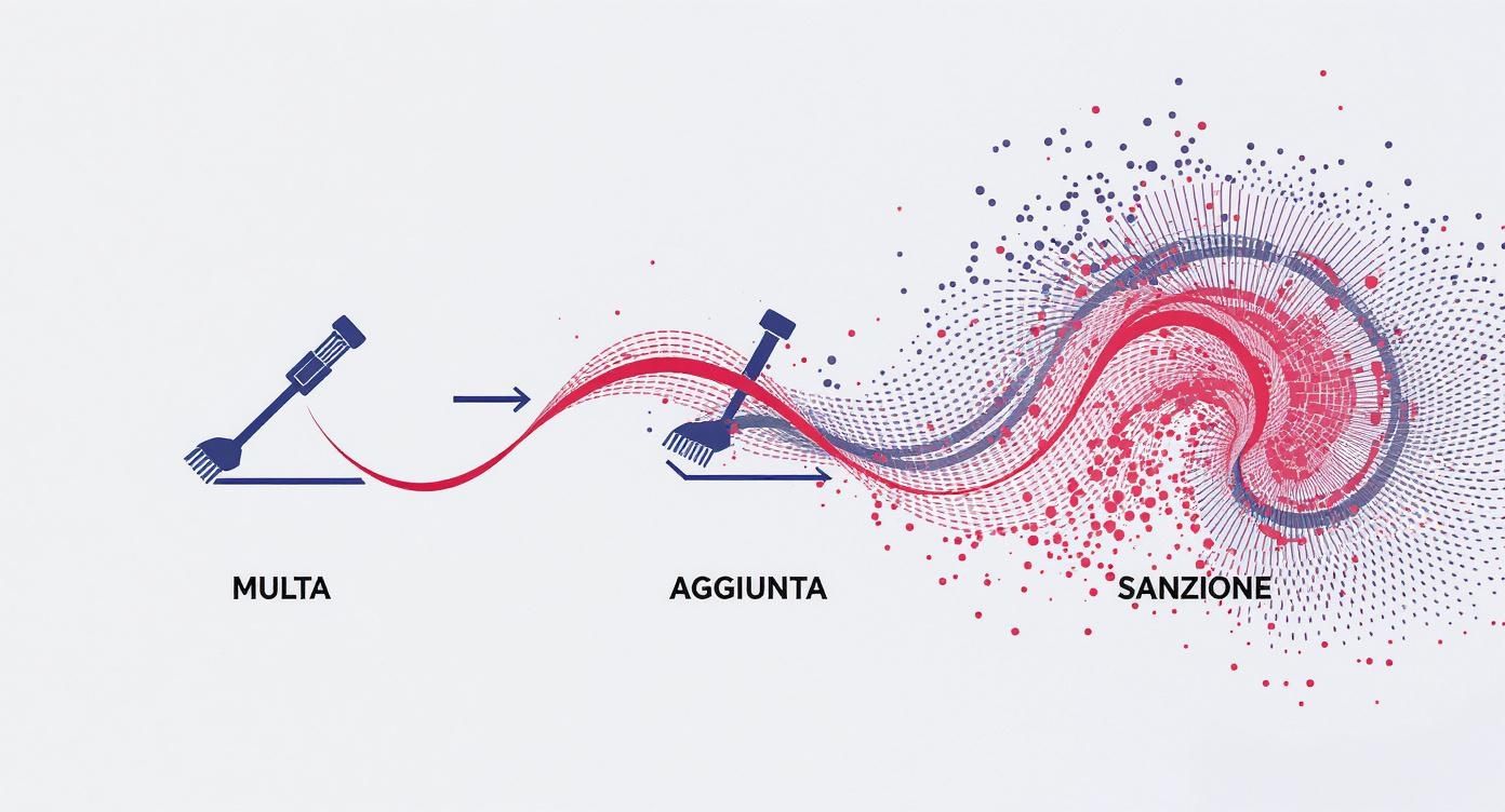 Illustrazione visiva che mostra l'evoluzione da una multa a una sanzione attraverso un'aggiunta, con linee e forme astratte.