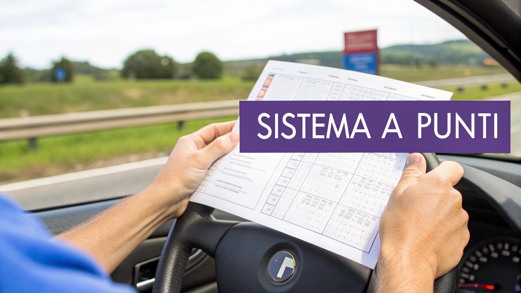 Mani di un conducente mostrano un documento sul 'Sistema a Punti' all'interno di un'auto, con la strada in sottofondo.
