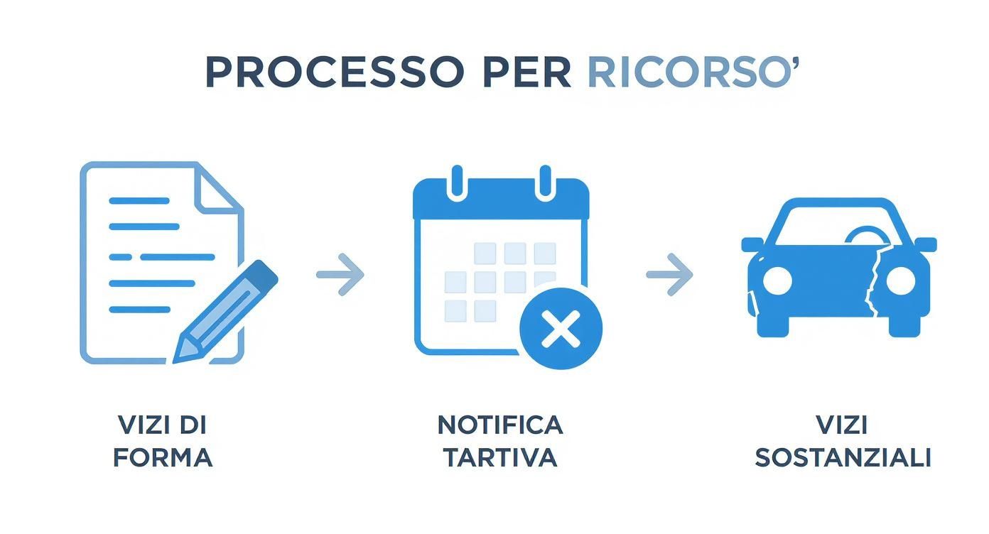 Infografica che mostra i tre principali motivi di ricorso: vizi di forma, notifica tardiva e vizi sostanziali.
