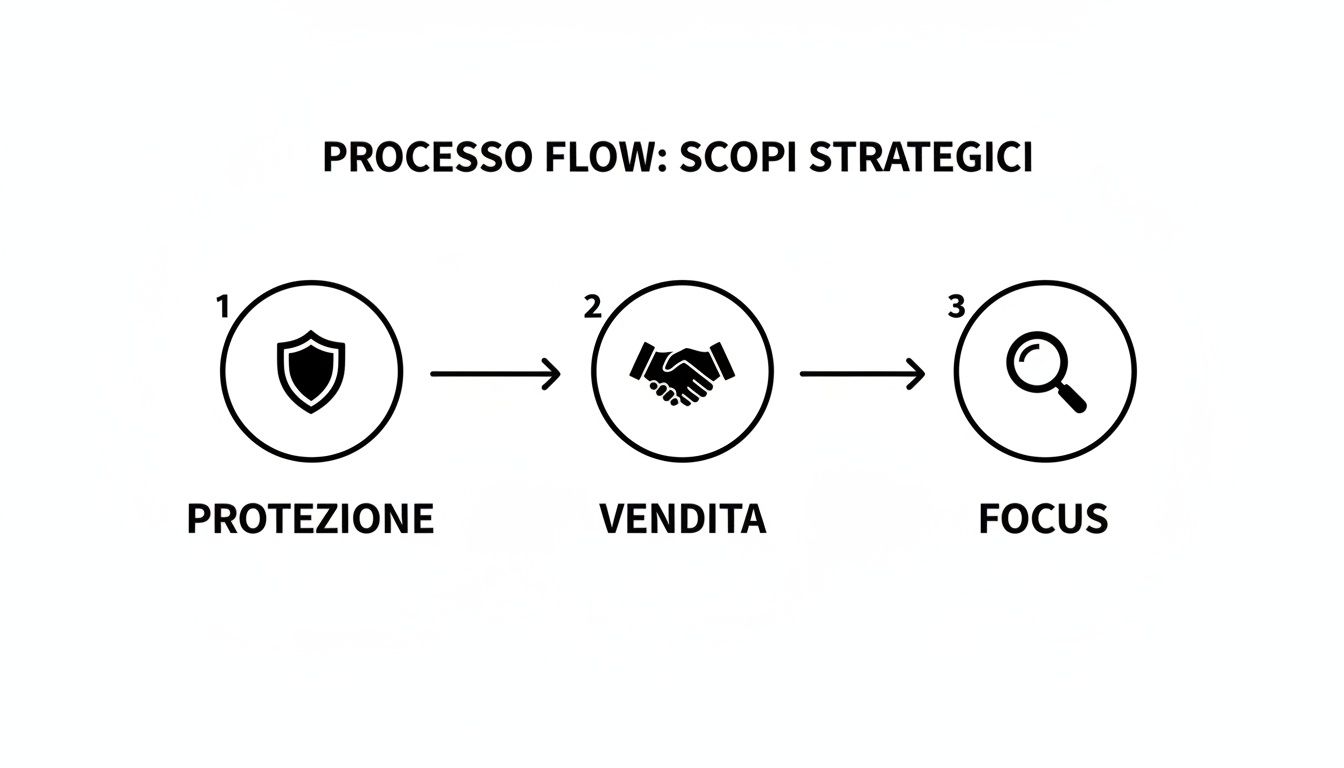 Un diagramma di flusso che illustra tre scopi strategici: protezione (scudo), vendita (stretta di mano) e focus (lente d'ingrandimento).