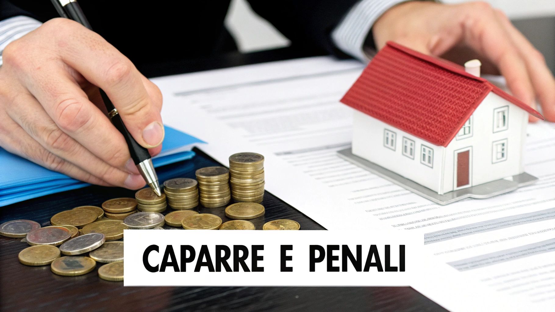 Un uomo firma un contratto, con monete e un modellino di casa, simboleggiando caparre e penali.