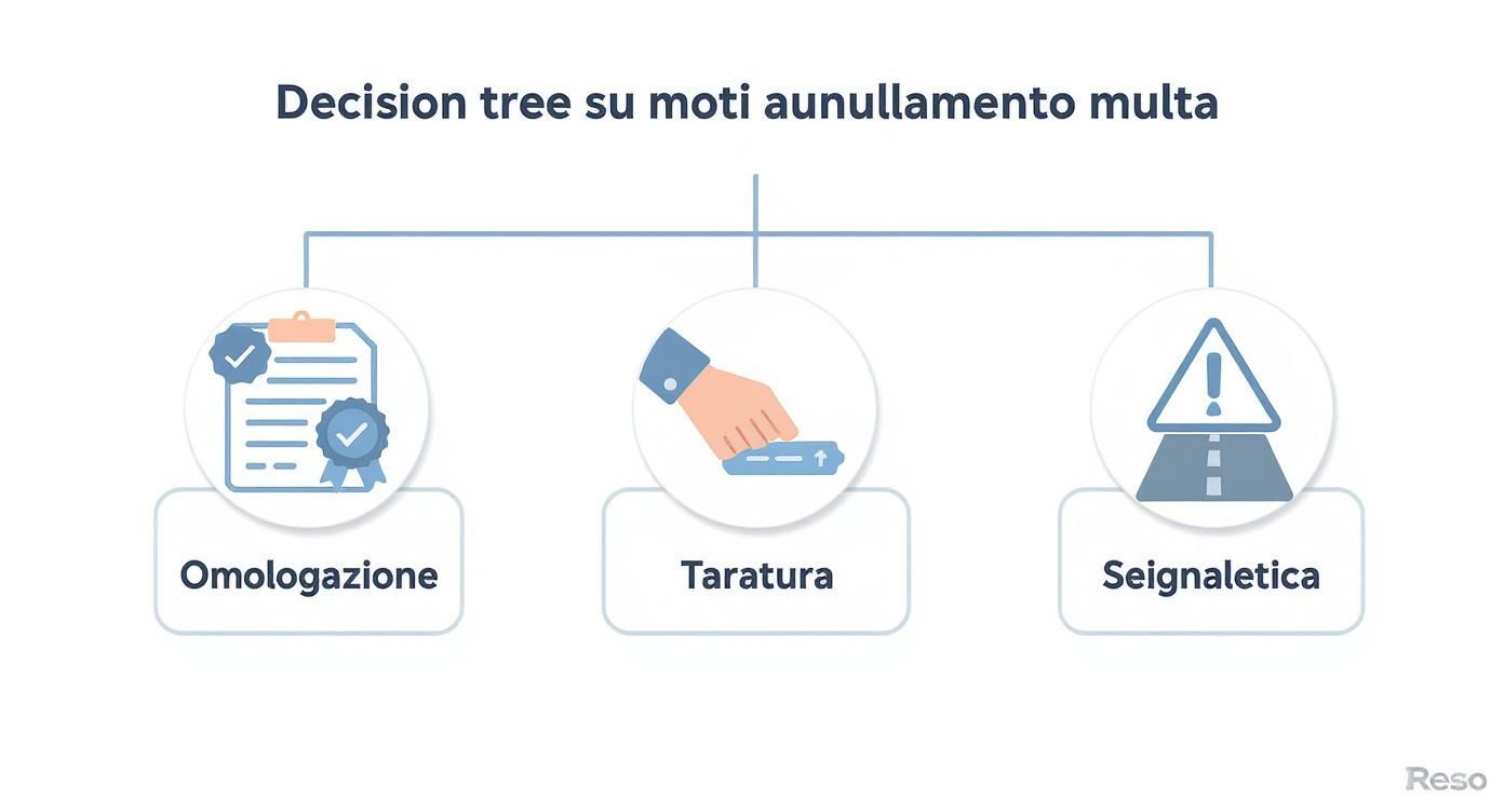 Diagramma ad albero decisionale che mostra tre motivi per annullare una multa: omologazione, taratura e segnaletica