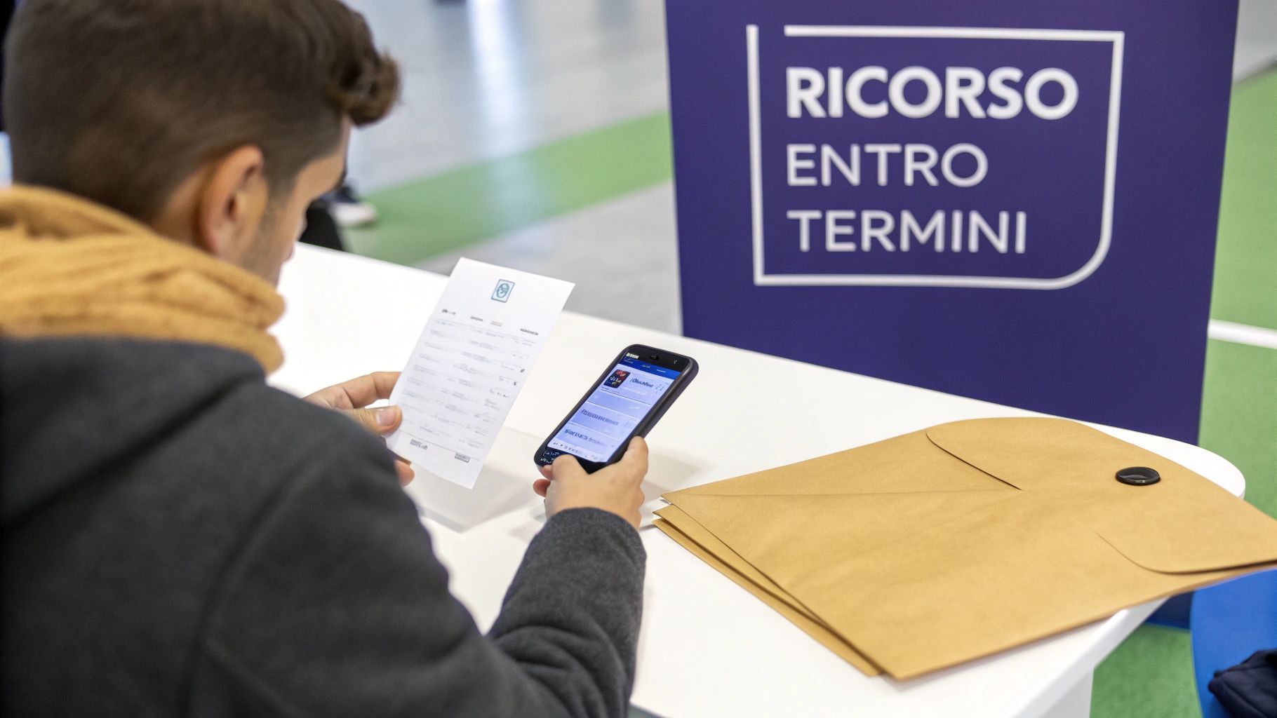Una persona consulta documenti e smartphone, con un cartello 'RICORSO ENTRO TERMINI' e buste sulla scrivania.