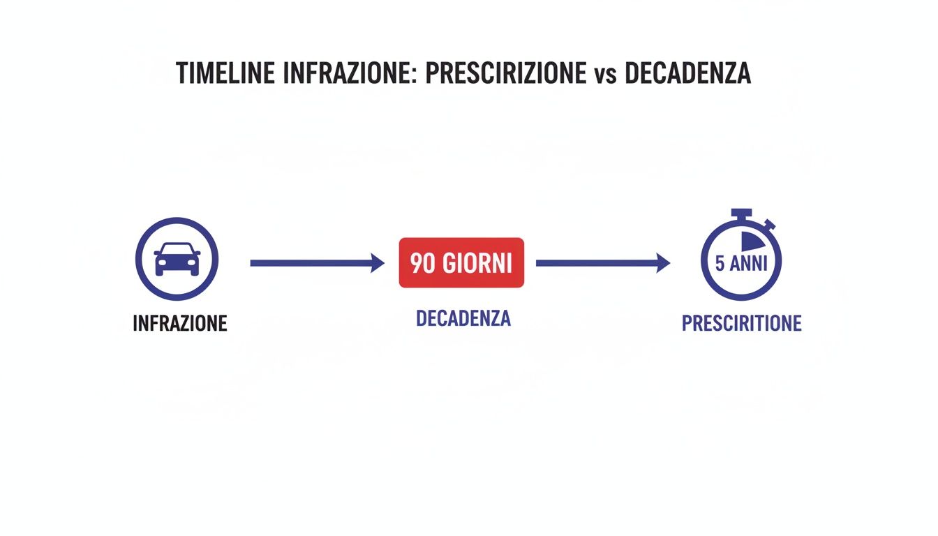 Timeline chiara che illustra la prescrizione e decadenza di un'infrazione stradale, con 90 giorni per la decadenza e 5 anni per la prescrizione.