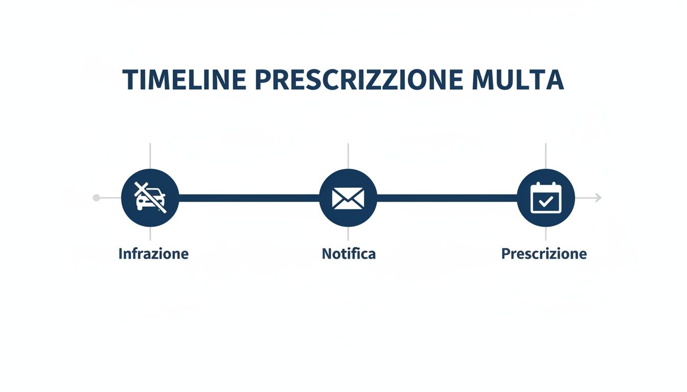 Timeline della prescrizione di una multa, mostrando i passaggi chiave: infrazione, notifica e prescrizione.