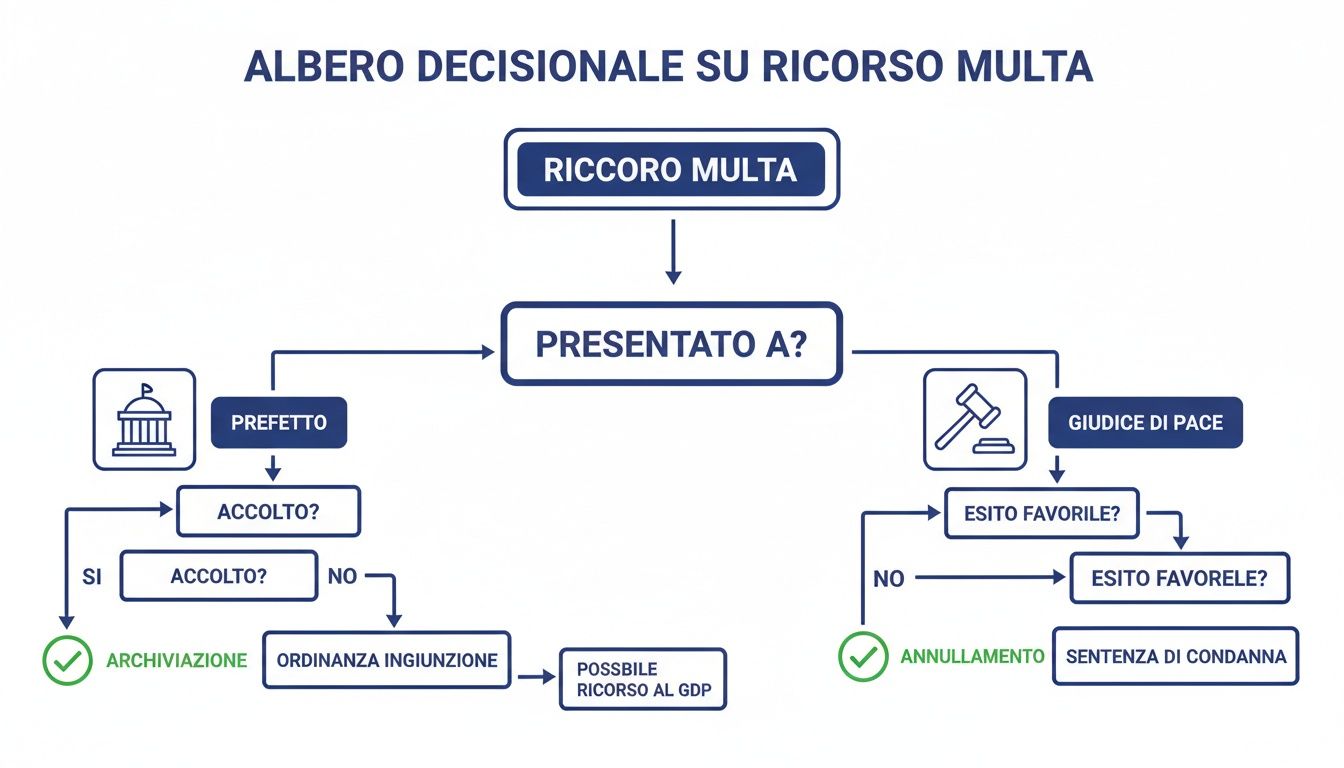 Diagramma di flusso che illustra il processo decisionale per il ricorso contro una multa, presentando le opzioni al Prefetto o al Giudice di Pace.