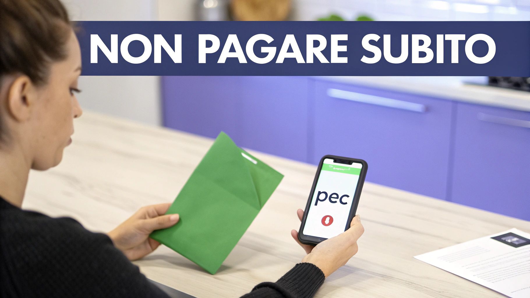 Una donna esamina una busta verde e uno smartphone con la scritta "pec", sotto un banner che avverte "NON PAGARE SUBITO".