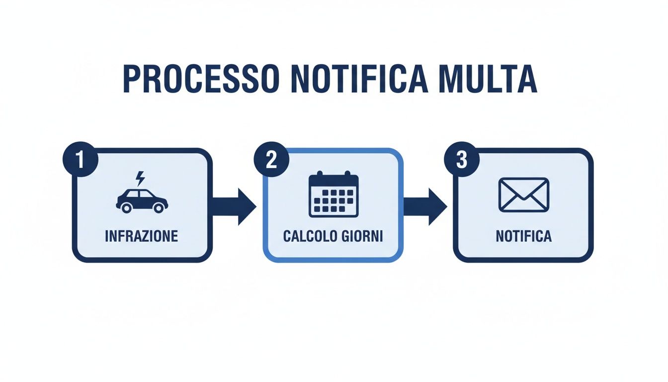 Diagramma di flusso che illustra il processo di notifica di una multa: infrazione, calcolo dei giorni e invio della notifica.