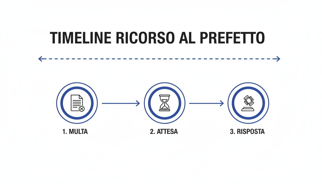 Timeline visiva del ricorso al Prefetto, mostrando le fasi di multa, attesa e risposta con icone.