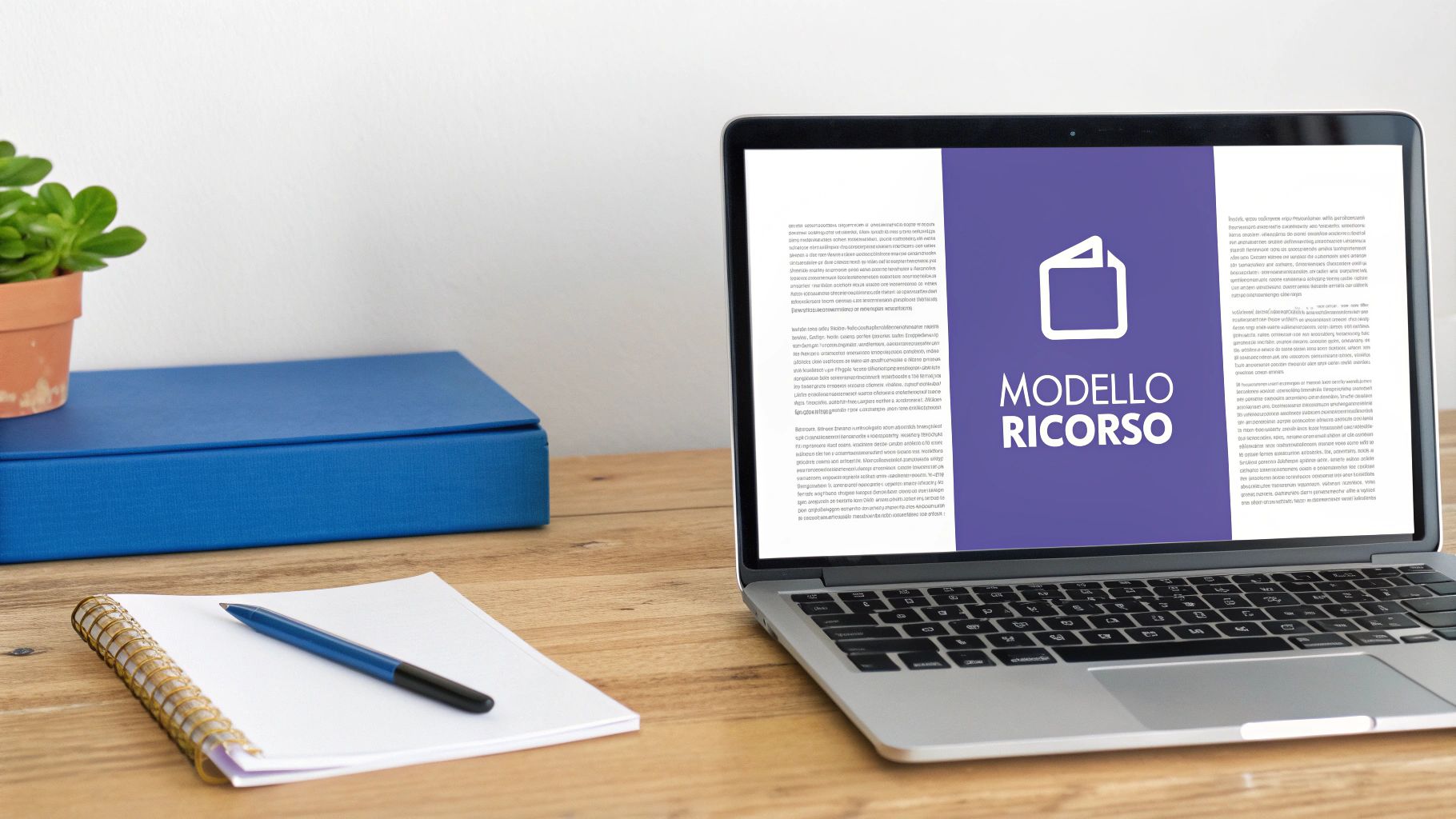 Laptop su scrivania in legno mostra un documento 'MODELLO RICORSO', con taccuino, penna e pianta.