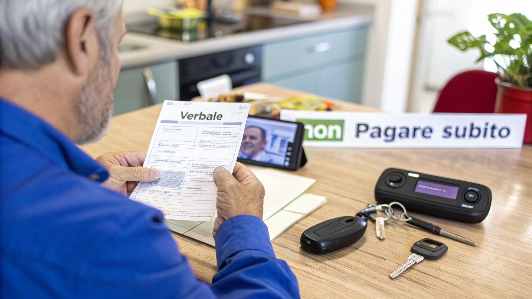 Un uomo anziano esamina un verbale, con uno smartphone e chiavi dell'auto sul tavolo di legno.