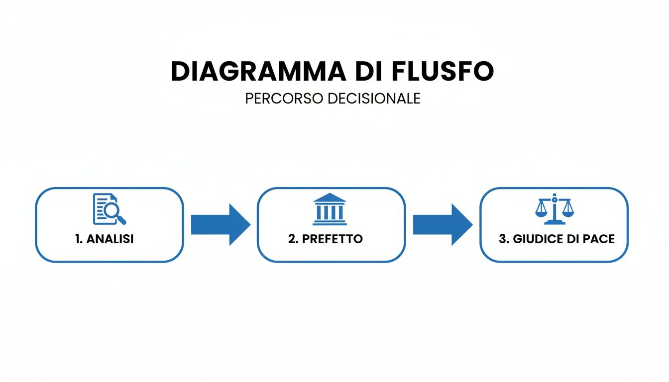 Diagramma di flusso che illustra il percorso decisionale per un ricorso, con fasi di analisi, prefetto e giudice di pace.