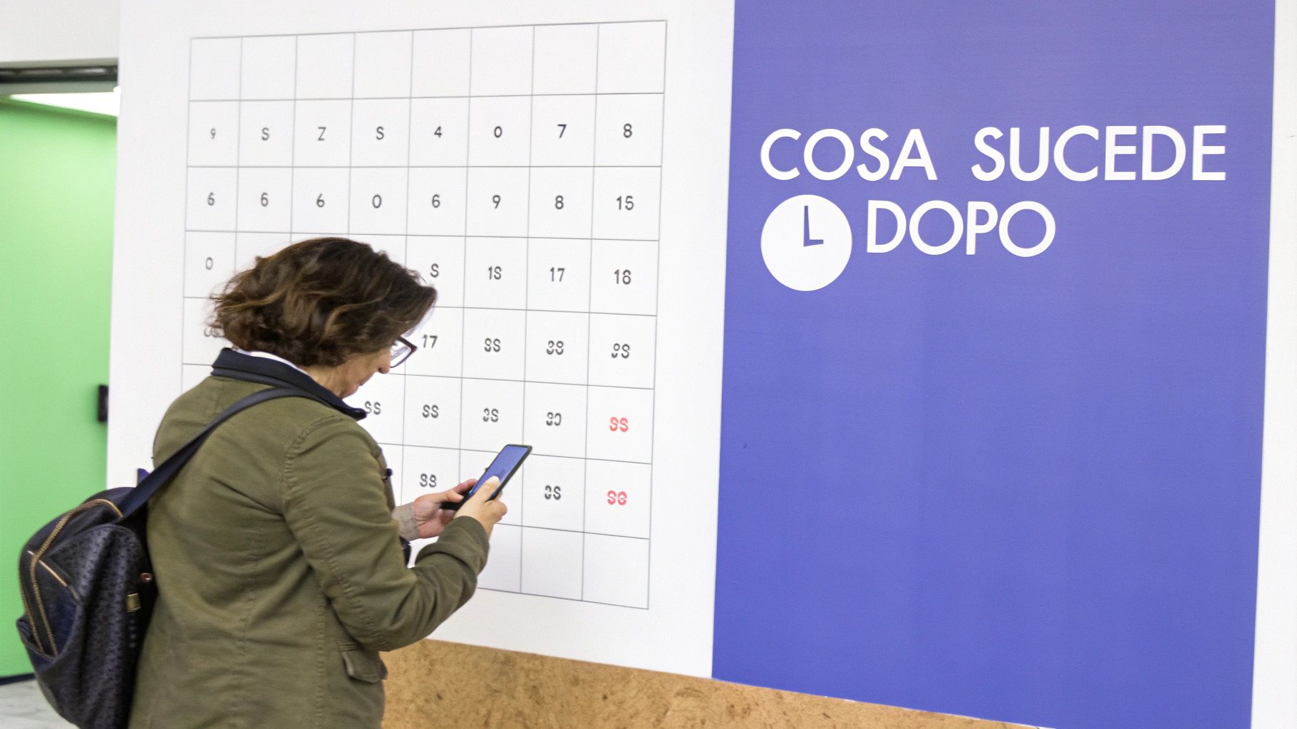 Una donna con telefono davanti a un pannello a griglia con numeri e un cartello blu con scritto "COSA SUCCEDE DOPO".