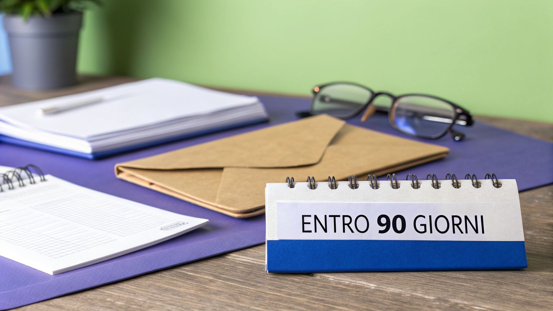 Scrivania organizzata con documenti, occhiali, una busta e un calendario che indica 'Entro 90 giorni'.