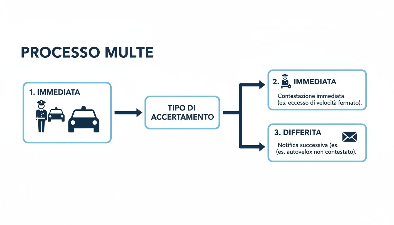 Diagramma di flusso che illustra il processo di notifica delle multe, distinguendo tra accertamento immediato e differito.