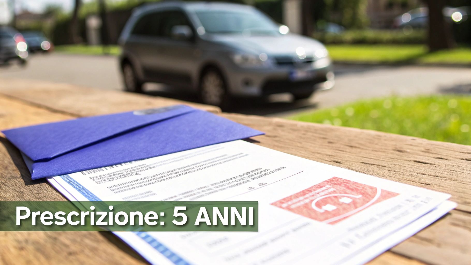 Documenti legali e busta blu su tavolo di legno, con il testo 'Prescrizione: 5 ANNI' e auto in sfondo.
