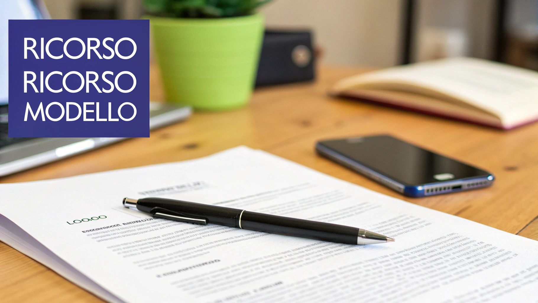 Scrivania con documento legale, penna, smartphone, laptop e la scritta 'RICORSO RICORSO MODELLO' su sfondo blu.