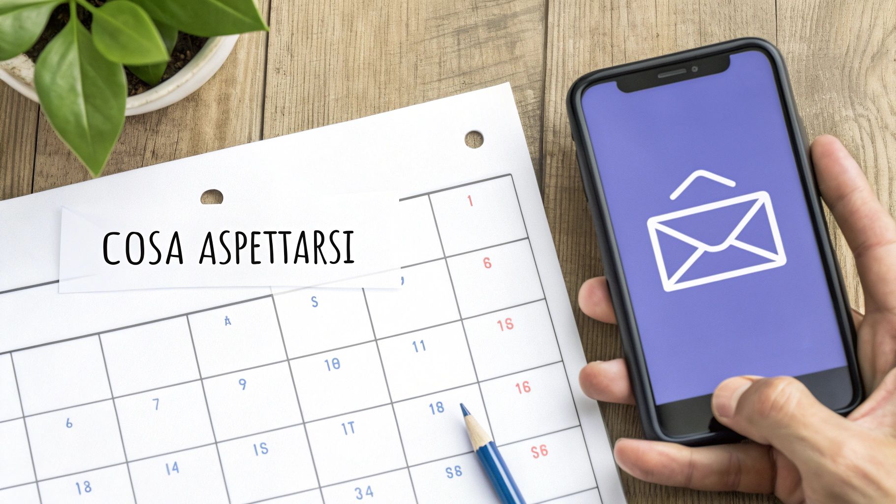 Mano che tiene smartphone con icona email, calendario e nota 'Cosa aspettarsi', simboli di attesa e comunicazione.