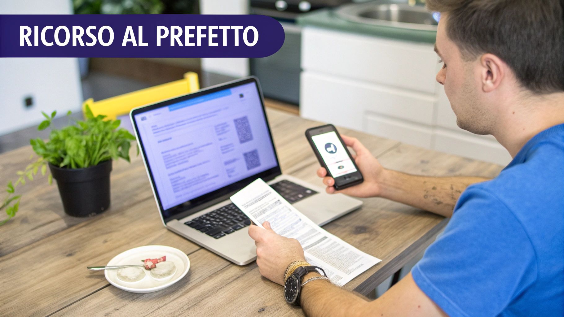 Uomo al tavolo con laptop, smartphone e documenti, con banner "Ricorso al Prefetto".